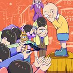  absurdres animal bald bow bowtie box brothers buck_teeth cat cellphone chibita danshi_koukou_valentine esper_nyanko facial_mark formal hands_on_own_face highres hijirisawa_shonosuke hood hoodie iyami male_focus matsuno_choromatsu matsuno_ichimatsu matsuno_juushimatsu matsuno_karamatsu matsuno_osomatsu matsuno_todomatsu multiple_boys netoro on_box orange_background osomatsu-kun osomatsu-san phone purple_suit sextuplets shorts siblings smartphone standing_on_object suit sunglasses ticket 