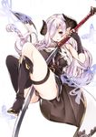  218 bare_shoulders black_gloves blue_eyes blush boots breasts bug butterfly demon_horns draph elbow_gloves fingerless_gloves gloves granblue_fantasy hair_over_one_eye horns insect large_breasts lavender_hair long_hair looking_at_viewer narmaya_(granblue_fantasy) open_mouth panties pointy_ears simple_background single_thighhigh smile solo sword thighhighs underwear weapon white_background 