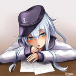  blue_eyes desk flat_cap gradient gradient_background hat hibiki_(kantai_collection) kantai_collection long_hair long_sleeves looking_at_viewer nawate_(dij) open_mouth papers school_uniform serafuku signature silver_hair sitting solo upper_body 