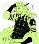  bad_id bad_pixiv_id ball belt_buckle buckle cape cowboy_hat facial_hair fingerless_gloves gloves goggles goggles_on_headwear green grin gyro_zeppeli hat holster jojo_no_kimyou_na_bouken long_hair male_focus monochrome smile sokka_(kbs) solo steel_ball steel_ball_run translation_request 