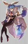  animal_ears blue_eyes blue_hair breasts bunny_ears bunnysuit cleavage dagger gloves granblue_fantasy hyakuhachi_(over3) jacket_on_shoulders medium_breasts pantyhose solo therese_(granblue_fantasy) weapon 