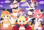  &gt;_&lt; ;q animal_ears arm_ribbon bandaged_arm bandages bat blonde_hair blush breasts brown_dress bun_cover cape chain cleavage closed_eyes collarbone commentary_request covering covering_breasts crop_top cuffs dango demon_girl demon_horns demon_tail demon_wings double_bun dress drooling eating fang fangs flat_cap food full_moon hair_bun hair_ribbon halloween halloween_costume hat head_wings highres holding holding_food horns ibaraki_kasen jack-o'-lantern jiangshi large_breasts licking_lips looking_at_viewer midriff miniskirt miyako_yoshika mofu_mofu moon multiple_girls mystia_lorelei naked_cape naked_ribbon navel ofuda one_eye_closed open_mouth orange_shirt out-of-frame_censoring outstretched_arms pink_hair pumpkin_hat red_eyes revealing_clothes ribbon ringo_(touhou) rumia saigyouji_yuyuko screw shackles shirt skewer skirt sky sweatdrop tail tongue tongue_out touhou translation_request triangular_headpiece veil wagashi wings witch_hat zombie_pose 