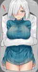  admiral_(kantai_collection) alternate_costume blue_eyes blush breasts closed_mouth grey_hair hair_ornament hair_over_one_eye hairclip hamakaze_(kantai_collection) hug hug_from_behind isshiki_(ffmania7) kantai_collection large_breasts ribbed_sweater short_hair silver_hair simple_background sketch solo_focus sweater turtleneck twitter_username wavy_mouth 