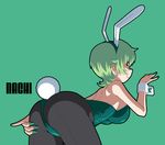  animal_ears aoki_hagane_no_arpeggio ass back-seamed_legwear bunny_ears bunny_tail bunnysuit character_name from_behind green_background green_eyes green_hair green_nails kamo_3 nachi_(aoki_hagane_no_arpeggio) nail_polish pantyhose seamed_legwear short_hair simple_background solo tail wrist_cuffs 