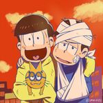  arm_around_shoulder arm_sling bad_id bad_twitter_id bandaged_head bandages brothers cat esper_nyanko hood hoodie male_focus matsuno_juushimatsu matsuno_karamatsu multiple_boys osomatsu-kun osomatsu-san siblings smile sunset twitter_username upper_body 