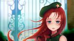  bad_id bad_pixiv_id beret blue_eyes blurry bow braid brick_wall bush depth_of_field eliskalti expressionless face gate green_vest hair_bow half-closed_eyes hat highres hong_meiling lips long_hair looking_at_viewer no_shirt parted_lips red_hair signature solo star touhou twin_braids upper_body vest watermark web_address wind 