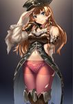  blue_eyes boots brown_hair commentary_request dress frills granblue_fantasy hat lecia_(granblue_fantasy) long_hair panties panties_under_pantyhose pantyhose pink_legwear polka_dot polka_dot_panties pyz_(cath_x_tech) salute solo torn_clothes torn_legwear underwear 