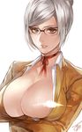  bad_id bad_twitter_id breasts brown_eyes cleavage glasses large_breasts prison_school shiraki_meiko short_hair silver_hair solo tcb 