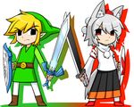  1girl :&lt; animal_ears bad_id bad_pixiv_id belt black_eyes blonde_hair boots chibi closed_mouth commentary_request crossed_swords detached_sleeves empty_eyes frown green_hat hat holding holding_sword holding_weapon inubashiri_momiji katsumi5o left-handed link master_sword phrygian_cap pointy_ears pom_pom_(clothes) red_eyes serious shield side-by-side silver_hair skirt sword tail the_legend_of_zelda tokin_hat toon_link touhou tunic turtleneck v-shaped_eyebrows weapon wolf_ears wolf_tail 