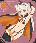  amatsukaze_(kantai_collection) armpits arms_up bikini blush brown_eyes cape eyebrows eyebrows_visible_through_hair fang flat_chest garter_straps gloves halloween hat isshiki_(ffmania7) kantai_collection long_hair looking_at_viewer mini_hat mini_witch_hat navel open_mouth silver_hair solo stomach striped striped_bikini striped_legwear swimsuit thighhighs two_side_up witch_hat 