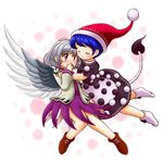  black_dress blue_hair blush brown_footwear brown_jacket closed_eyes covering_mouth doremy_sweet dress embarrassed grey_hair grey_wings hand_on_another's_head hat jacket kishin_sagume knees_together_feet_apart looking_at_another multicolored multicolored_clothes multicolored_dress multiple_girls nightcap nitamago purple_dress red_eyes shoes short_dress short_hair single_wing smile tail tapir_tail touching touhou wavy_mouth white_background white_dress white_legwear wings 