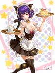  absurdres animal_ears apron artist_name bell bell_collar black_legwear breasts cake cat_ears cat_girl cat_tail cleavage coffee collar collarbone feet_out_of_frame food heart highres knees_together_feet_apart large_breasts looking_at_viewer maid maid_apron maid_headdress miniskirt one_eye_closed original purple_eyes purple_hair shuo_shuo signature simple_background skirt smile solo star tail thighhighs tray white_background zettai_ryouiki 