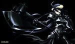  absurdres albedo armor axe battle_axe black_armor black_background black_gloves black_hair breastplate demon_girl demon_horns gauntlets gloves headwear_removed helmet helmet_removed highres horns long_hair looking_at_viewer official_art overlord_(maruyama) simple_background solo source_request weapon yellow_eyes yoshimatsu_takahiro 