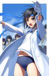  antenna_hair bandana black_hair blurry buruma depth_of_field gloves idolmaster idolmaster_(classic) jacket kikuchi_makoto nekopuchi open_mouth ouendan outstretched_arms short_hair solo_focus 