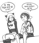  1girl backpack bag bandana fake_horns fourth_wall gameplay_mechanics gooberman_(kdk5011) greyscale hat hood hoodie horned_headwear knit_hat korean monochrome pokemon pokemon_(game) pokemon_oras short_hair short_sleeves shorts sitting sweater team_magma team_magma_grunt translated uniform yuuki_(pokemon) 