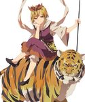  animal apron blonde_hair bloomers blush brown_hair coin crossed_legs dress hair_ornament hasebe_yuusaku long_sleeves looking_at_viewer looking_to_the_side multicolored_hair polearm red_dress shawl shoes short_hair simple_background sitting sitting_on_animal smile solo spear tiger toramaru_shou touhou two-tone_hair underwear waist_apron weapon white_background wide_sleeves 