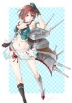  blue_eyes breasts brown_hair cleavage gloves groin hat highres kantai_collection maya_(kantai_collection) medium_breasts navel platinum_disco remodel_(kantai_collection) rigging short_hair skirt smile solo 