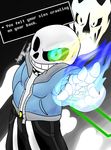  1_eye azuraracon bad_time blue_eyes bone clothing cow_skull dialogue_box energy gaster_blaster_(undertale) genocide get_dunked_on hoodie looking_at_viewer magic monster no_mercy reaching_towards_viewer sans shorts skeleton skull text undertale video_games 