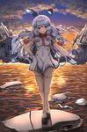  backlighting bangs black_legwear blunt_bangs breasts cloud covered_navel crossed_legs dress floating flotsam full_body gloves hair_ribbon hand_on_hip headgear highres kantai_collection kudou_maimu loafers long_hair looking_at_viewer mecha_musume multiple_girls murakumo_(kantai_collection) necktie ocean orange_eyes outdoors pantyhose partially_submerged pose remodel_(kantai_collection) ribbon sailor_dress shoes silver_hair small_breasts smile solo_focus standing sunset tress_ribbon twilight watson_cross wind wo-class_aircraft_carrier 