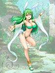  :d anklet arabian_clothes asahashi_tsuyu bad_id bad_pixiv_id bandeau bikini blue_eyes breasts bunny_girl bunny_tail cleavage green_hair heterochromia jewelry large_breasts long_hair looking_at_viewer navel open_mouth original sandals sanzenkai_no_avatar shiny shiny_skin side-tie_bikini smile solo stomach swimsuit tail 