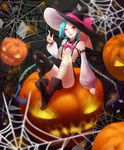  aqua_hair bare_shoulders black_footwear black_hat black_legwear boots bow costume detached_sleeves hat hat_bow highres jack-o'-lantern jinx_(league_of_legends) kezi league_of_legends leg_wrap long_hair one_eye_closed open_mouth pink_bow pink_eyes silk sitting solo spider_web torn_clothes twintails witch_hat 