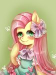  blush clothing cute dress female flower fluttershy_(mlp) friendship_is_magic green_eyes happy my_little_pony plant simple_background solo tagme xing_(artist) 