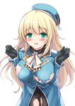  aqua_eyes atago_(kantai_collection) bad_id bad_pixiv_id bent_over beret black_gloves black_legwear blonde_hair blush breasts covered_nipples cowboy_shot gloves hat highres kantai_collection large_breasts long_hair looking_at_viewer military military_uniform mutsuba_fumi open_mouth pantyhose see-through simple_background smile solo thigh_gap torn_clothes uniform white_background 