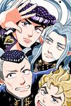  bad_id bad_pixiv_id black_eyes blonde_hair blue_eyes blue_hair gakuran grey_hair hazekura_mikitaka higashikata_jousuke hirose_kouichi jojo_no_kimyou_na_bouken long_hair male_focus multicolored_hair multiple_boys nijimura_okuyasu nuresenbey open_hand open_mouth pointy_ears pompadour purple_eyes purple_hair round_teeth school_uniform silver_hair smile sparkle sweatdrop teeth two-tone_hair 