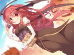  bag blurry blush day dutch_angle eating food head_wings koakuma kuresento leaf long_hair long_sleeves looking_at_viewer puffy_sleeves red_eyes red_hair shirt shopping_bag skirt skirt_set solo sweet_potato touhou vest wings 