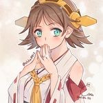  aqua_eyes bare_shoulders brown_hair detached_sleeves hairband headgear hiei_(kantai_collection) japanese_clothes jewelry kantai_collection nontraditional_miko ring saki_(little_crown) short_hair solo wedding_band 