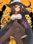  black_legwear blush breasts brown_eyes brown_hair cape crossed_legs glasses halloween halloween_costume hat highres jack-o'-lantern kantai_collection large_breasts littorio_(kantai_collection) long_sleeves looking_at_viewer minigirl multiple_girls nikubanare open_mouth pantyhose pince-nez roma_(kantai_collection) short_hair sitting smile underbust witch_hat 