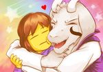  &lt;3 asriel_dreemurr bored brown_hair caprine clothing duo goat hair happy hug human male mammal protagonist_(undertale) rainbow_background simple_background smile star undertale unknown_aritst video_games 