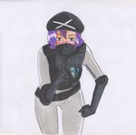  absurdres belt beret black_gloves blush bodysuit commentary elbow_gloves face_mask frontier_brain gloves hat highres jhonb lila_(pokemon) mask pointing_finger pokemon pokemon_(game) purple_eyes purple_hair short_hair solo team_plasma_uniform uniform 