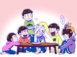  arm_sling bandages blush brothers brown_hair cat comforting crying eating esper_nyanko feeding food fruit glasses gohan_(8823cobalt) gradient gradient_background heart heart_in_mouth hood hoodie indian_style kneeling leg_hug male_focus matsuno_choromatsu matsuno_ichimatsu matsuno_juushimatsu matsuno_karamatsu matsuno_osomatsu matsuno_todomatsu messy_hair multiple_boys osomatsu-kun osomatsu-san pants pear petting sextuplets shorts siblings single_vertical_stripe sitting sleeves_past_wrists smile table tears track_pants 