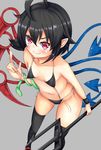  absurdres arm_snake asymmetrical_wings bent_over bikini black_bikini black_hair black_legwear blush breasts from_above grey_background highres houjuu_nue looking_at_viewer mary_janes micro_bikini midriff navel pointy_ears polearm red_eyes shoes short_hair simple_background small_breasts smile snake solo swimsuit thighhighs tokoya_(ex-hetare) touhou trident weapon wings wrist_cuffs 