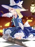  alternate_costume armpits bare_shoulders blonde_hair boots bow braid dress hat highres kirisame_marisa long_hair looking_back ookamisama pumpkin side_braid sitting solo star striped striped_dress thighhighs touhou wariza witch_hat yellow_eyes 