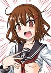  :d areola_slip areolae blush breasts brown_eyes brown_hair collarbone commentary_request emphasis_lines fang hair_ornament hairclip ikazuchi_(kantai_collection) kantai_collection long_sleeves looking_at_viewer murasaki_(konekomilk) neckerchief open_mouth red_neckwear shirt_lift short_hair simple_background small_breasts smile solo tsurime underboob upper_body v-shaped_eyebrows white_background 