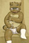  blush bulge clothed clothing cub cum cum_on_self cumshot drooling eyewear glasses kounosuke_(morenatsu) legwear looking_at_viewer mammal masturbation morenatsu navel open_mouth orgasm partially_clothed penis saliva sitting socks tanuki termeneko underwear young 