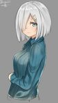  alternate_costume blue_eyes breasts closed_mouth from_side grey_hair hair_ornament hair_over_one_eye hairclip hamakaze_(kantai_collection) isshiki_(ffmania7) kantai_collection looking_at_viewer medium_breasts ribbed_sweater short_hair silver_hair simple_background sketch solo sweater twitter_username upper_body 