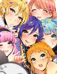  6+girls blonde_hair blue_hair blush brown_eyes brown_hair closed_eyes confetti embarrassed food food_on_face green_eyes grin hair_ornament hairband hanyuuda_mito highres kotobuki_qruit long_hair manager_(tokyo_7th_sisters) misonoo_mana multicolored_hair multiple_girls nanasaki_nicole one_eye_closed pink_hair purple_hair sash short_hair smile sodeno_botan sweatdrop tokyo_7th_sisters two-tone_hair v wakaouji_rui yellow_eyes yusa_memoru 