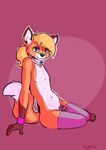  anthro blonde_hair canine chastity clothing collar foulwizard fox girly hair hairclip leggings legwear looking_at_viewer mammal ponytail smile solo 