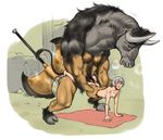  axe blush bovine breasts caracol erection eyes_closed female from_behind grey_hair hair hooves horn human male mammal melee_weapon minotaur nude penetration penis sex short_hair size_difference small_breasts weapon wheelbarrow_position 