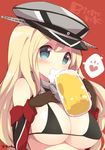  alcohol bangs bare_shoulders beer beer_mug bikini bismarck_(kantai_collection) black_bikini black_gloves blonde_hair blue_eyes blush breasts character_name cup detached_sleeves drink drinking foam from_side gloves hand_on_own_chest hat heart holding holding_cup jewelry kantai_collection large_breasts long_hair looking_at_viewer micro_bikini mug neck_ring parted_bangs peaked_cap red_background sideboob simple_background solo speech_bubble spoken_heart string_bikini swimsuit underboob upper_body watanon_(gakushokutei) 