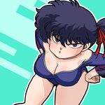  black_hair blue_leotard blush breasts cleavage hands_on_hips kunou_kodachi large_breasts leaning_forward leotard pout purple_eyes ranma_1/2 solo wanta_(futoshi) 