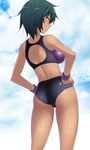  ass back back_cutout black_hair blush breasts buruma dark_skin from_behind hands_on_hips medium_breasts nakamura_yukitoshi original red_eyes short_hair solo sports_bikini standing swimsuit wristband 