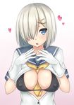  :o bad_id bad_pixiv_id between_breasts black_bra blue_eyes bra breasts buttons cleavage collarbone covered_nipples gloves gradient gradient_background grey_hair hair_ornament hair_over_one_eye hairclip hamakaze_(kantai_collection) heart heart-shaped_pupils kantai_collection large_breasts looking_at_viewer open_clothes open_mouth open_shirt pink_background school_uniform serafuku shirt short_hair short_sleeves simple_background solo symbol-shaped_pupils terakoya underwear white_background white_gloves 