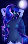  2015 absurd_res anthro anthrofied areola breasts clothing elbow_gloves equine female fluffymaiden friendship_is_magic full_moon gloves hair hands_behind_head hi_res horn legwear long_hair looking_at_viewer mammal moon multicolored_hair my_little_pony nipples outside princess_luna_(mlp) pussy smile solo two_tone_hair winged_unicorn wings 