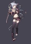  absurdres animal_ears braid daye_bie_qia_lian genderswap genderswap_(mtf) gloves highres league_of_legends long_hair midriff navel orange_eyes rengar silver_hair simple_background solo tail thighhighs weapon 