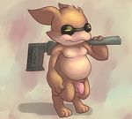  2015 balls brown_fur chubby eyewear flaccid fur goggles gremlin male monkeybutt navel nipples nude overweight penis simple_background solo spiral_knights standing uncut weapon 