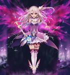  ankle_wings boots detached_sleeves dress earrings energy_wings fate/kaleid_liner_prisma_illya fate_(series) floating illyasviel_von_einzbern jewelry long_hair magical_girl magical_ruby magical_sapphire open_mouth pink_dress prisma_illya_(zwei_form) red_eyes serious side_ponytail silver_hair solo star tears thigh_boots thigh_strap thighhighs tsuedzu wand winged_boots wings 